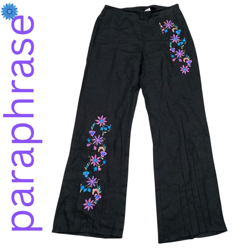 Paraphrase Embroidered Wide Leg Linen Pants
